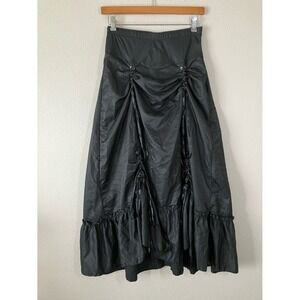 BURVOGUE Black Satin Skirt M Burlesque Lace Up Flared Maximalist Renaissance